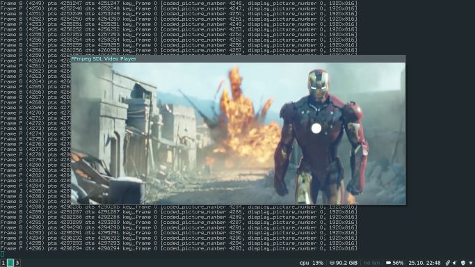 Screenshot of Iron Man movie playing with SDL+FFmpeg